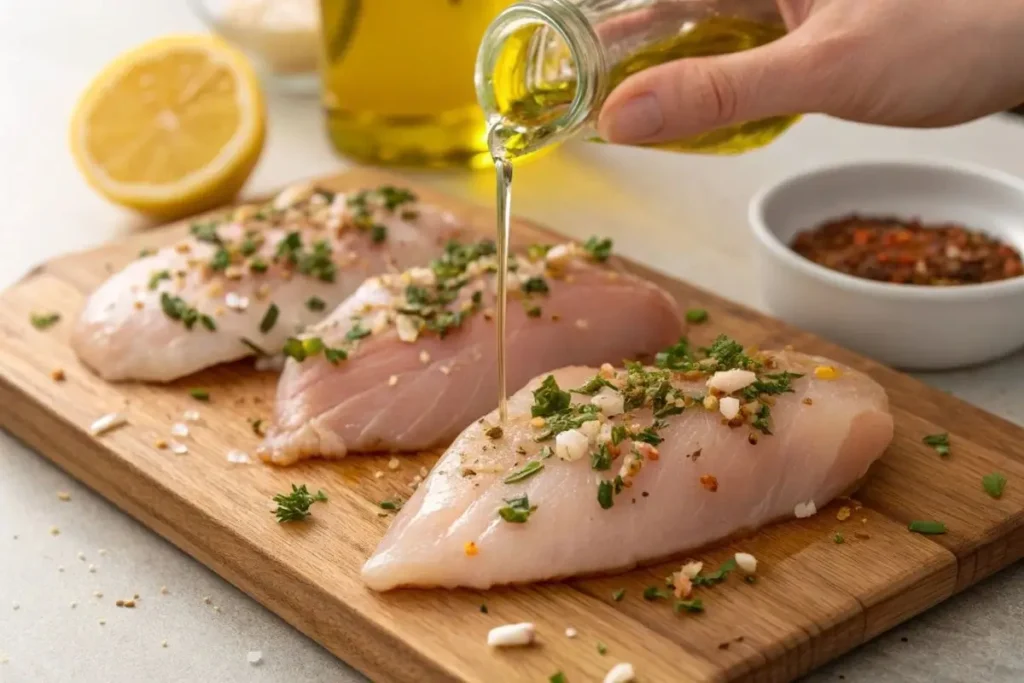 Gros plan sur des mains assaisonnant des filets de poulet crus avec de l’huile d’olive, de l’ail émincé et des herbes fraîches sur une planche en bois.