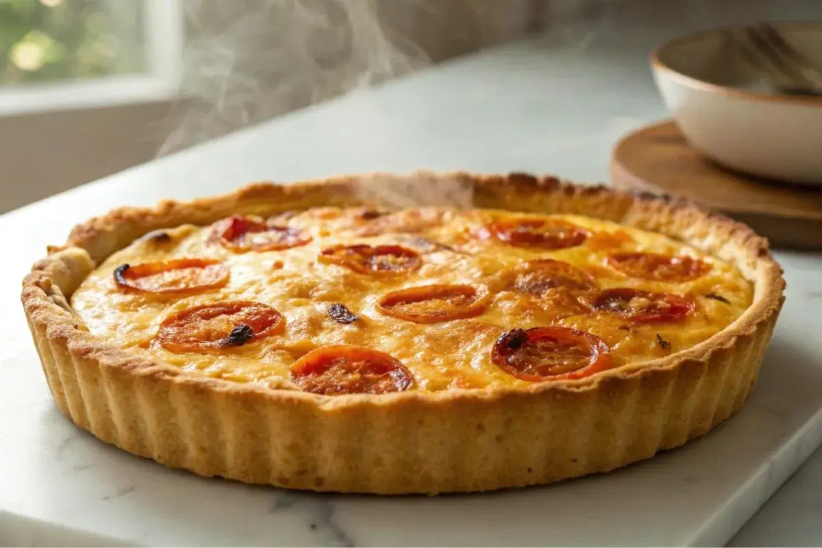 Tarte tomate moutarde dorée avec une pâte feuilletée croustillante, des tomates fraîches et du fromage fondu, servie sur une planche en bois.