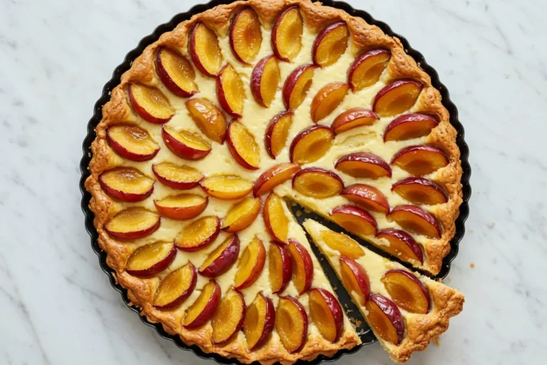 Tarte à la mirabelle alsacienne dorée sur plat noir, mirabelles caramélisées disposées en cercles sur crème onctueuse, pâte croustillante