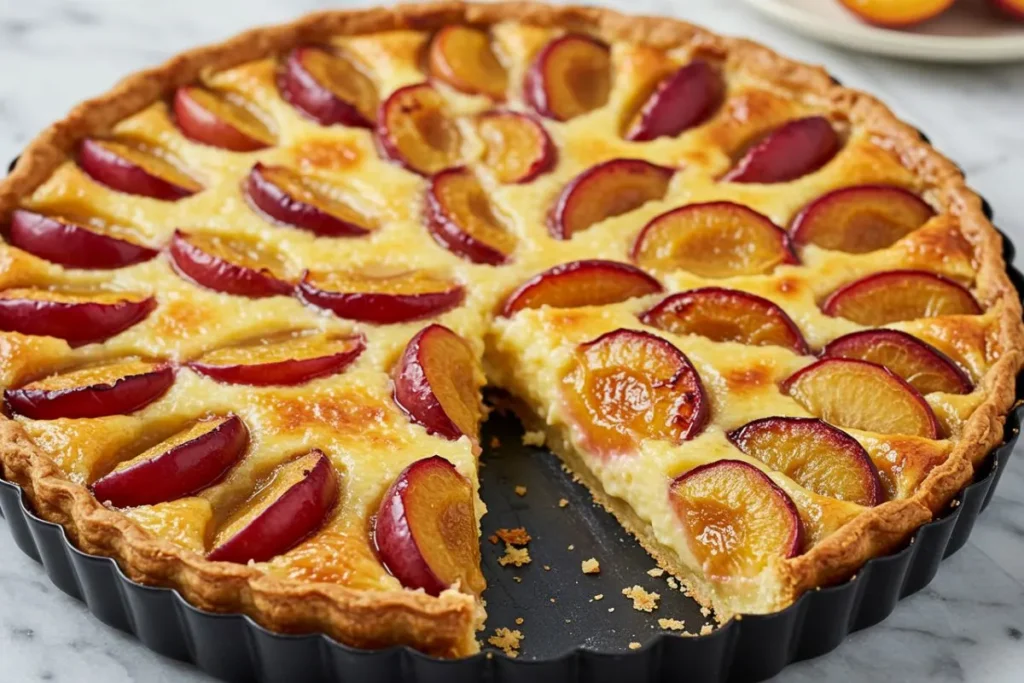 Tarte à la mirabelle alsacienne dorée sur plat noir, mirabelles caramélisées disposées en cercles sur crème onctueuse, pâte croustillante