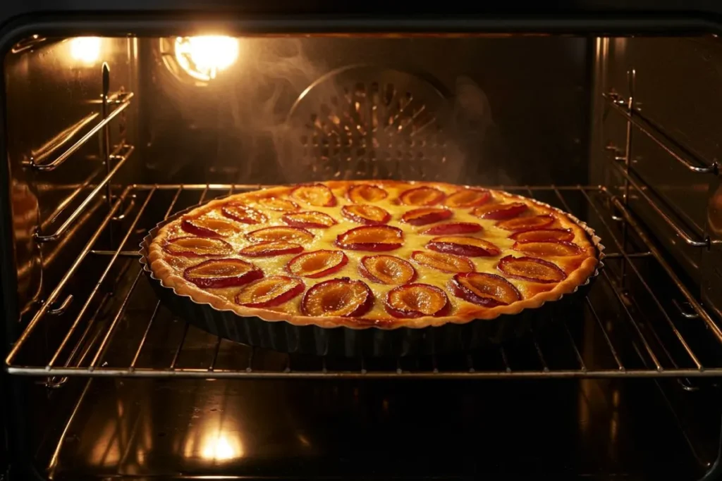 Tarte à la mirabelle alsacienne en train de cuire dans le four, mirabelles dorées caramélisant, pâte qui dore, éclairage chaud du four