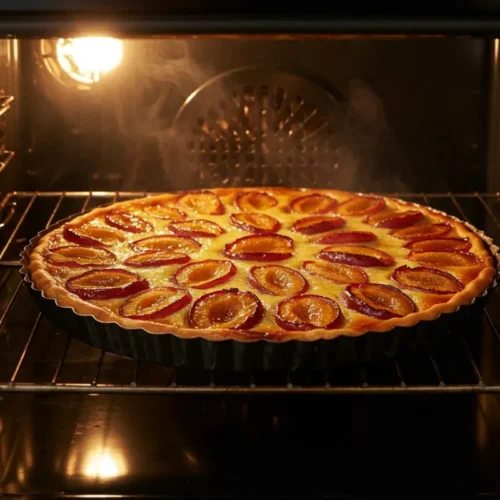 Tarte à la mirabelle alsacienne en train de cuire dans le four, mirabelles dorées caramélisant, pâte qui dore, éclairage chaud du four