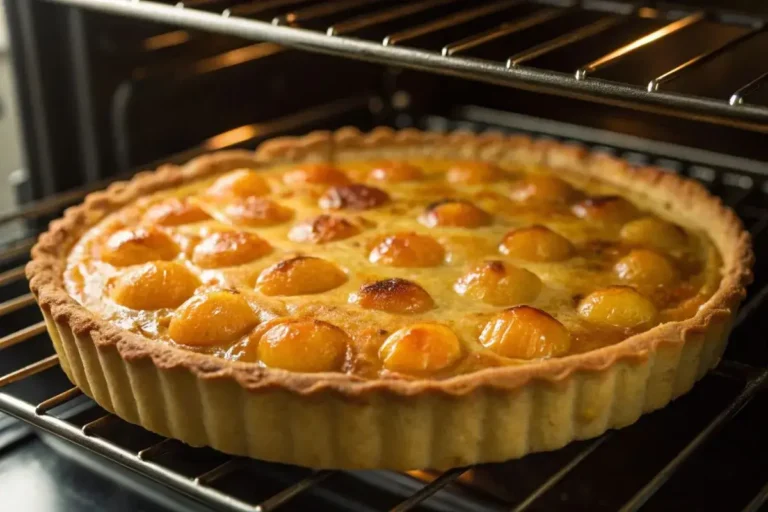 La Tarte à la Mirabelle en cuisson, avec une croûte dorée et des mirabelles tendres qui bouillonnent à l'intérieur.