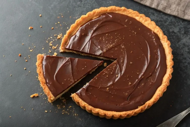 Une tarte au chocolat brillante avec une croûte dorée, posée sur une table en bois rustique. Une part est découpée, révélant une texture fondante et crémeuse. Quelques copeaux de chocolat et une légère poussière de cacao décorent le dessus.