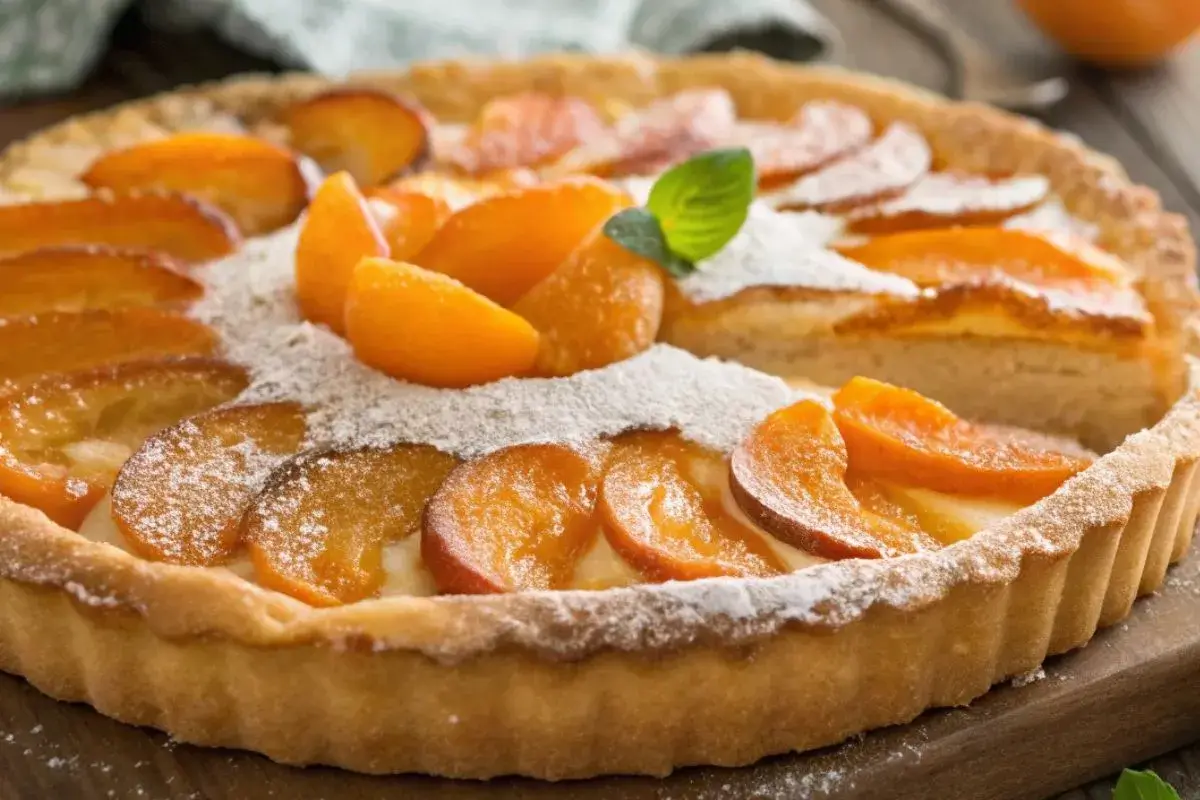 Tarte aux Abricots dorée avec une pâte feuilletée croustillante et des abricots frais sur le dessus, légèrement saupoudrée de sucre glace.