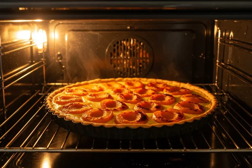 Tarte aux abricots dorée au four vue à travers la vitre, abricots caramélisés sur crème pâtissière, pâte croustillante, cuisson parfaite