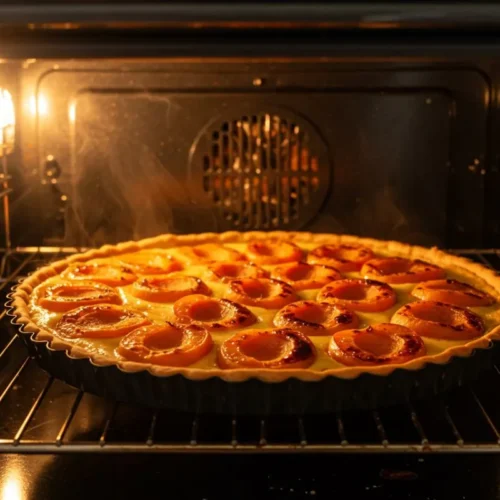 Tarte aux abricots dorée au four vue à travers la vitre, abricots caramélisés sur crème pâtissière, pâte croustillante, cuisson parfaite