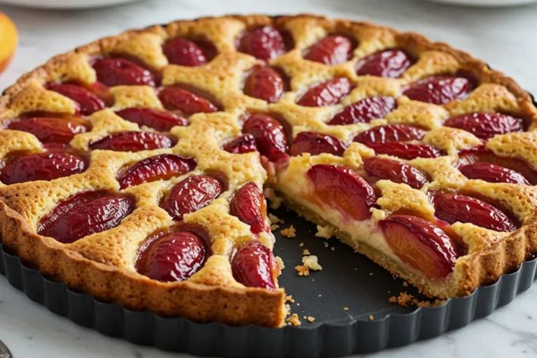 tarte aux abricots française avec des moitiés d'abricots orange doré disposées en cercles sur une crème pâtissière à la vanille
