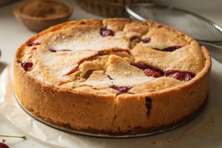 Gâteau Basque aux Cerises : Un gâteau basque doré avec une croûte légèrement craquelée, laissant entrevoir une garniture aux cerises, posé sur une table en bois avec quelques cerises fraîches autour.