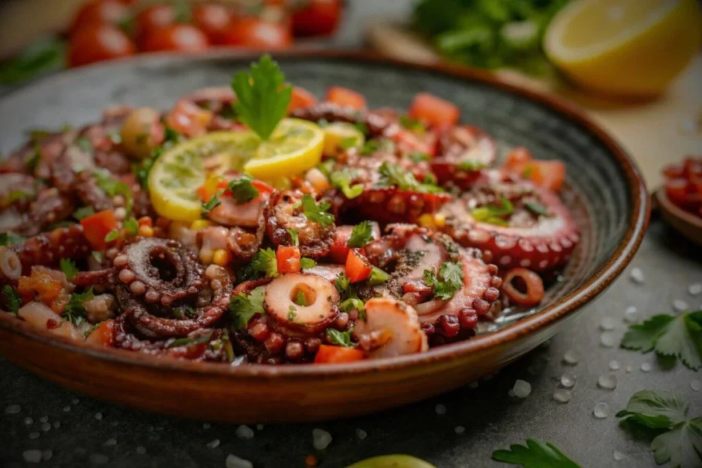 Salade de poulpe méditerranéenne avec tomates cerises, concombre et herbes fraîches sur un plat en céramique.