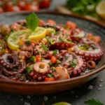 Salade de poulpe méditerranéenne avec tomates cerises, concombre et herbes fraîches sur un plat en céramique.