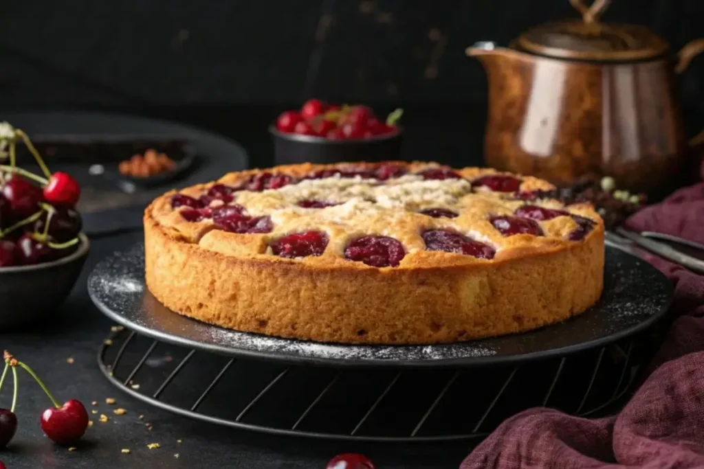 Un gâteau basque aux cerises doré et parfaitement cuit, posé sur une table en bois rustique, avec des cerises fraîches et une tranche découpée révélant la garniture.