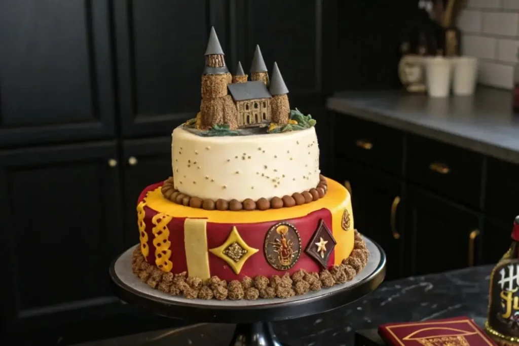 Un gâteau Harry Potter en deux étages, chaque étage décoré de symboles emblématiques : le vif d'or, le blason de Poudlard et la cicatrice en éclair. Les couleurs rouge, or, vert et bleu sont soigneusement intégrées dans le design, avec des figurines comestibles de chouettes et de chapeaux de sorciers en haut.