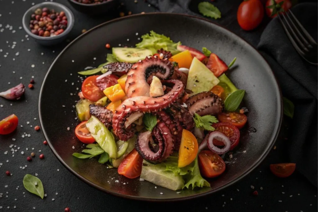 Salade de poulpe servie sur une table noire avec des olives, du paprika et des garnitures fraîches.