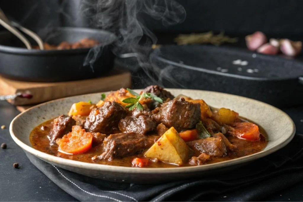 Cocotte en fonte avec joue de bœuf en daube, prête à servir.