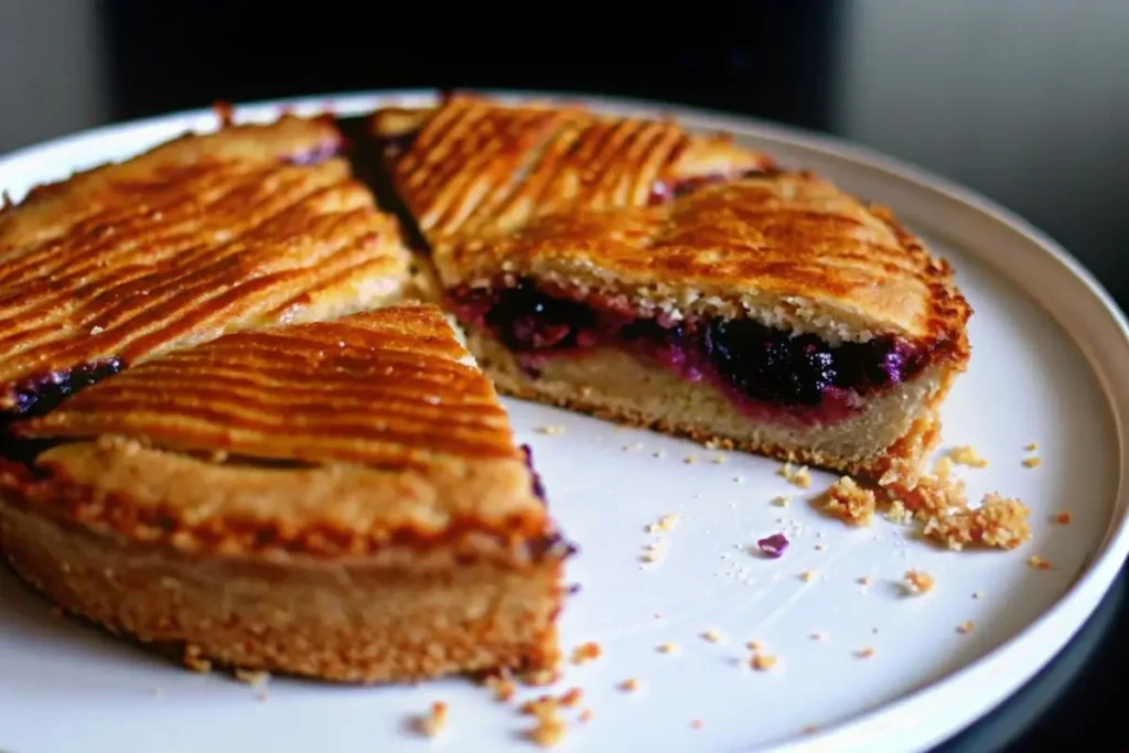 Une vue rapprochée d'une part de gâteau basque aux cerises, montrant la pâte dorée et la garniture crémeuse avec des cerises juteuses en son centre.