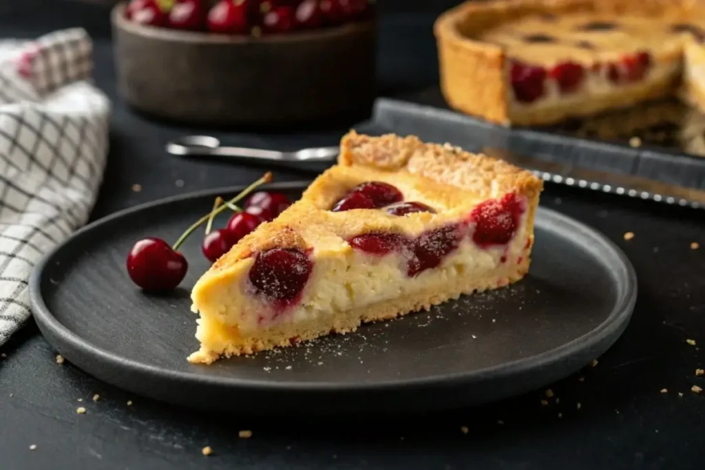 Un gâteau basque aux cerises entier, décoré avec des cerises fraîches et du sucre glace, présenté sur une assiette blanche élégante avec un fond en bois naturel.