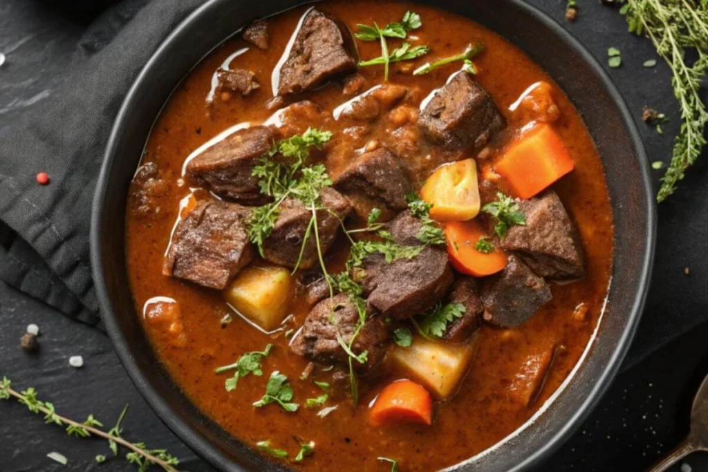 Joue de bœuf en daube mijotée avec légumes et herbes aromatiques.