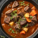 Savourez cette joue de bœuf en daube, un plat français réconfortant avec une viande tendre et une sauce parfumée, idéal pour un dîner en famille.