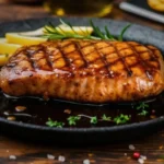 Magret de canard au four avec peau dorée et croustillante, accompagné de légumes rôtis et de pommes de terre, prêt à être servi.