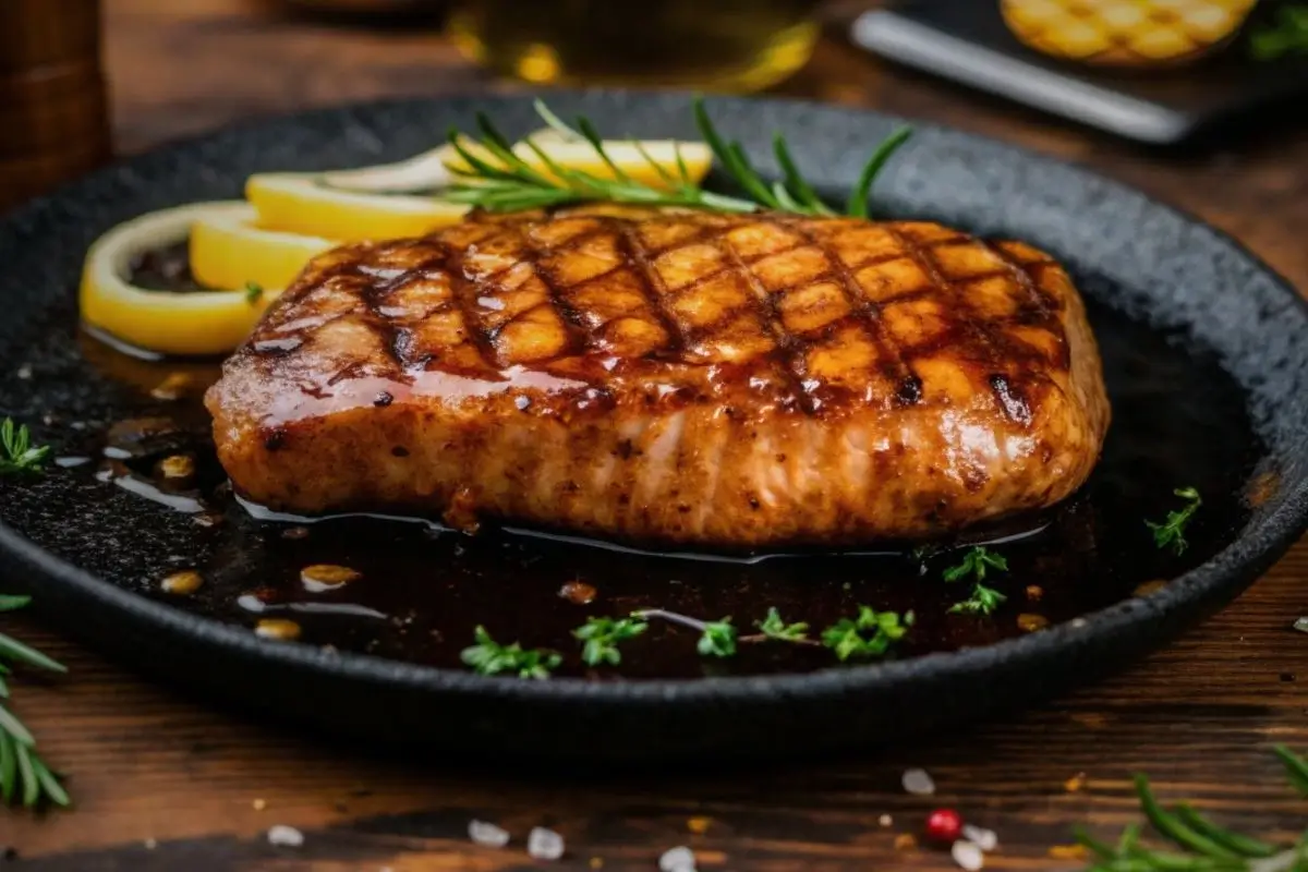 Magret de canard au four avec peau dorée et croustillante, accompagné de légumes rôtis et de pommes de terre, prêt à être servi.