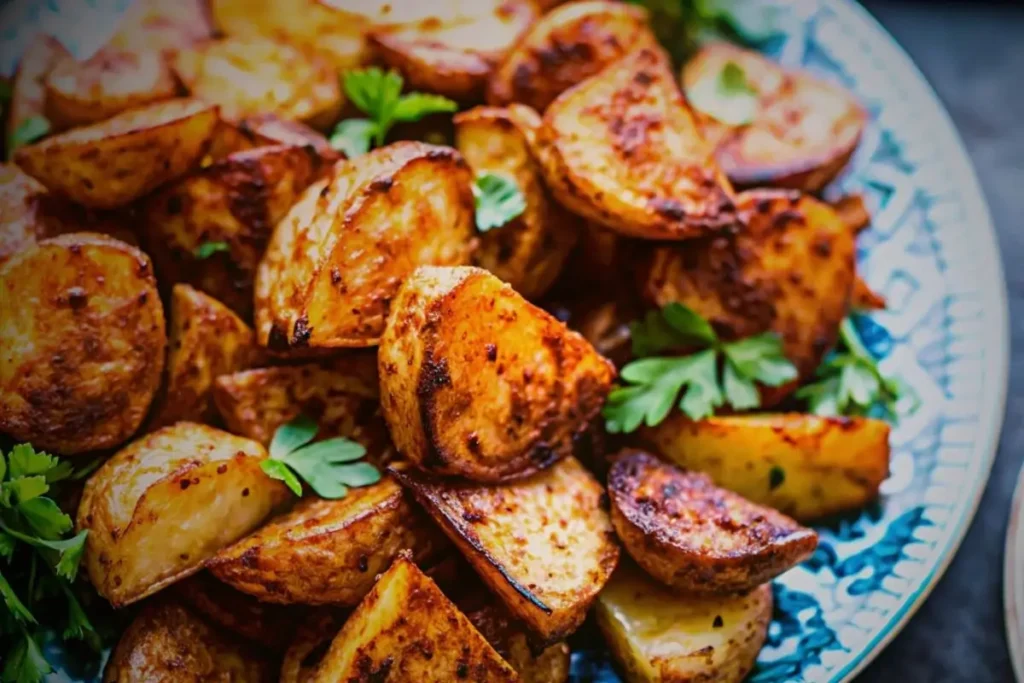 Croustillantes pommes de terre air fryer dorées, prêtes à être servies avec une touche d'épices.