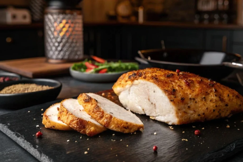 Filet de poulet au four doré et juteux, accompagné de légumes rôtis, présenté dans un plat en céramique sur une table rustique.