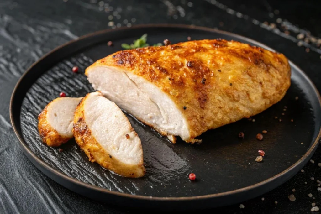 Filet de poulet au four doré et juteux, accompagné de légumes rôtis, présenté dans un plat en céramique sur une table rustique.