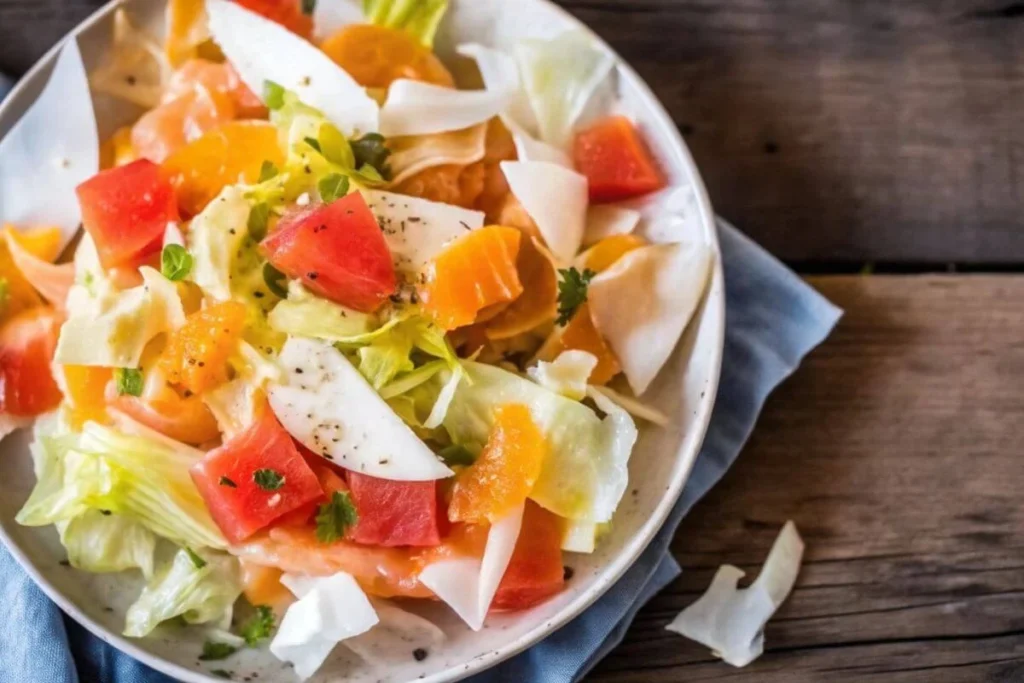 Salade d’endives croquante avec fromage bleu, noix et vinaigrette, parfaite pour un déjeuner léger et sain.