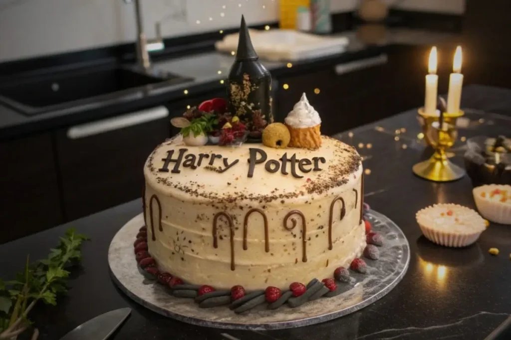 Un gâteau Harry Potter décoré de manière magique : une base de gâteau rond recouverte de glaçage rouge et or, représentant les couleurs de Gryffondor. Au sommet, une réplique comestible des lunettes rondes emblématiques d'Harry, ainsi qu'une baguette magique en chocolat. En arrière-plan, des éléments rappelant l'univers de Poudlard, comme des étoiles dorées et des livres anciens.