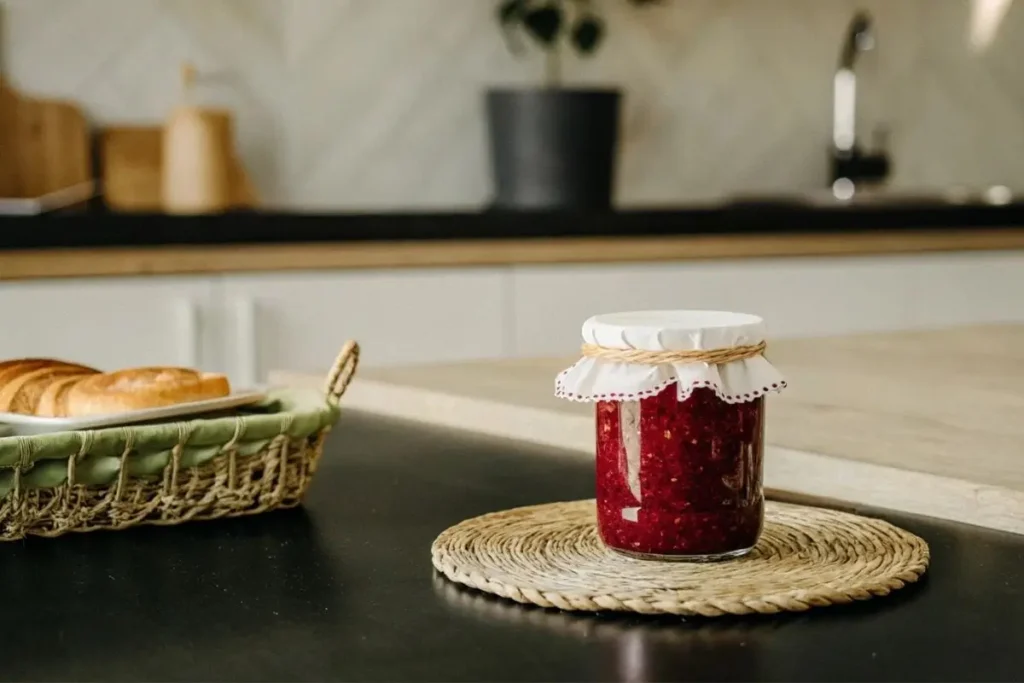 Bocaux de confiture de framboise stérilisés et remplis, prêts à être conservés.