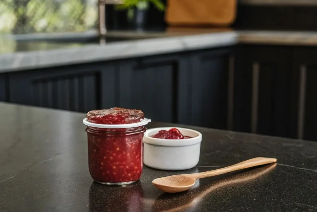 Étapes de cuisson de la confiture de framboise dans une casserole sur feu doux.