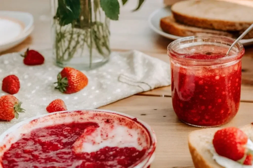 Un pot de confiture de framboise maison avec des framboises fraîches autour.