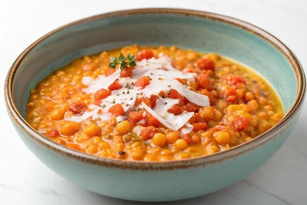 recette de lentilles corail au lait de coco : épices, oignons, ail et coriandre.