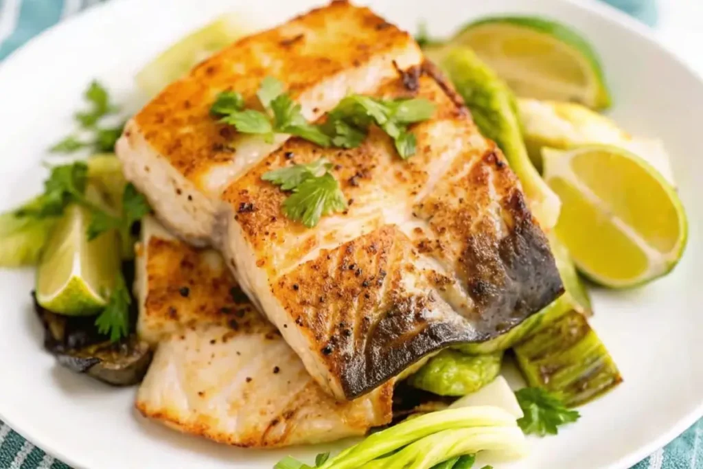 Poisson doré à la poêle, servi avec une garniture de riz parfumé et des herbes fraîches, prêt pour un dîner élégant.