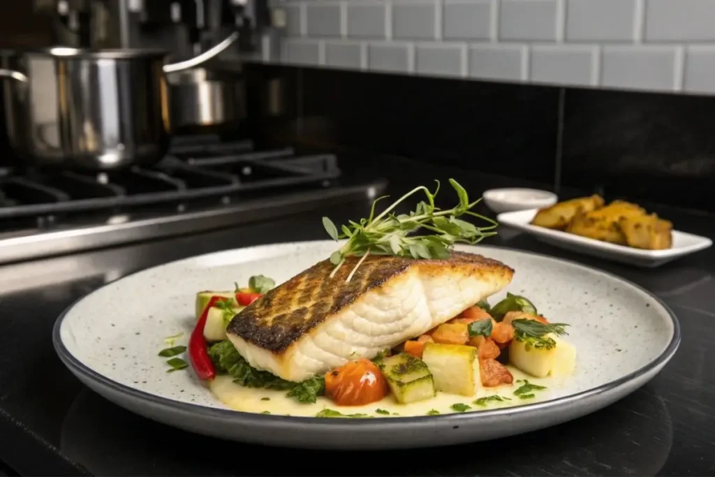 Cuisson parfaite de la dorade coryphène à la poêle, montrant une belle croûte dorée et une chair tendre à l'intérieur.