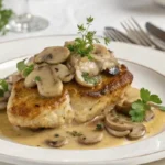 Assiette élégante de Surpême de Poulet aux Champignons, avec une sauce crémeuse, des pommes de terre rôties et des haricots verts, servie dans un cadre de dîner français raffiné.