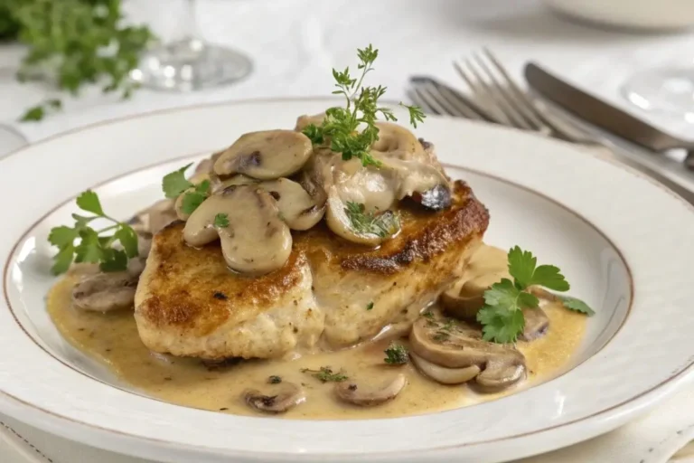 Assiette élégante de Surpême de Poulet aux Champignons, avec une sauce crémeuse, des pommes de terre rôties et des haricots verts, servie dans un cadre de dîner français raffiné.