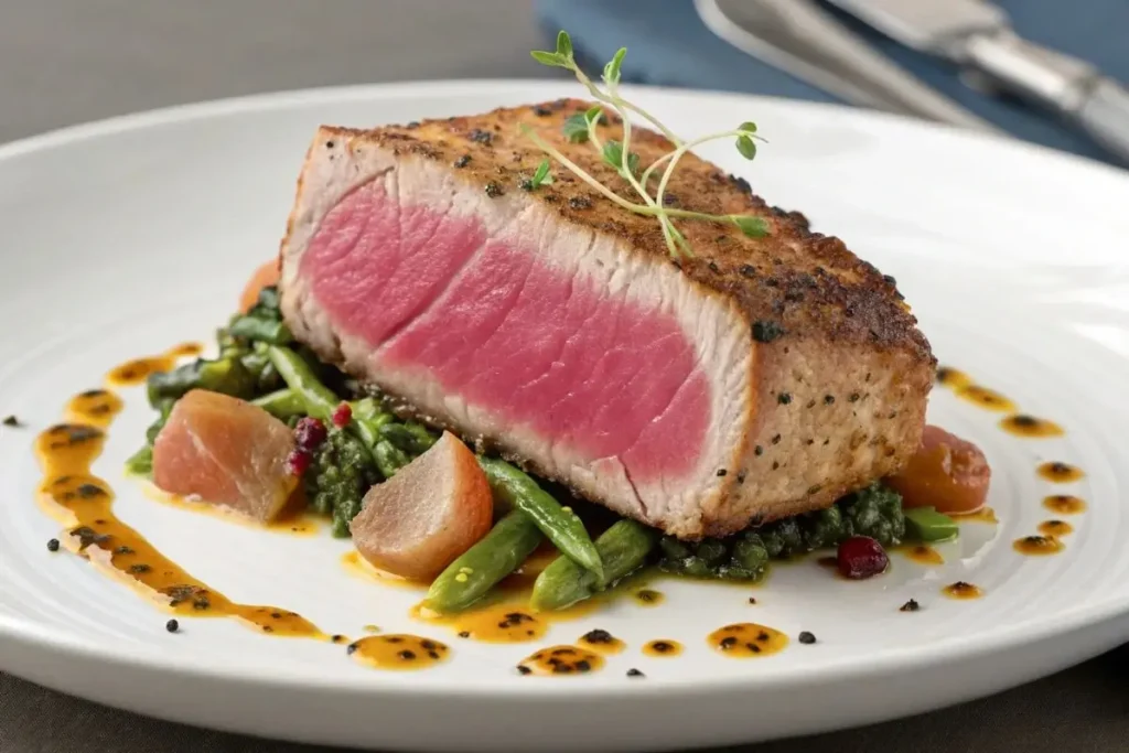 Steak de thon poêlé doré avec une croûte parfaite, sur une assiette blanche.