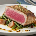 Steak de thon poêlé doré avec une croûte parfaite, sur une assiette blanche.