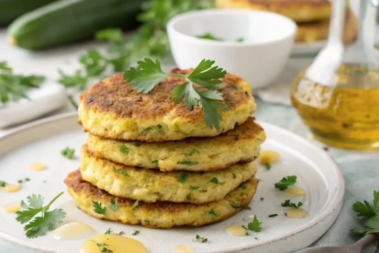 Une pile de galettes de courgettes dorées et croustillantes, garnies de persil frais et d’un filet d’huile d’olive, servies sur une assiette blanche.