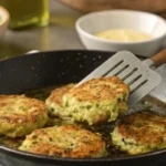 Galettes de courgettes en train de cuire dans une poêle antiadhésive, dorées et croustillantes, avec une spatule en train de les retourner.