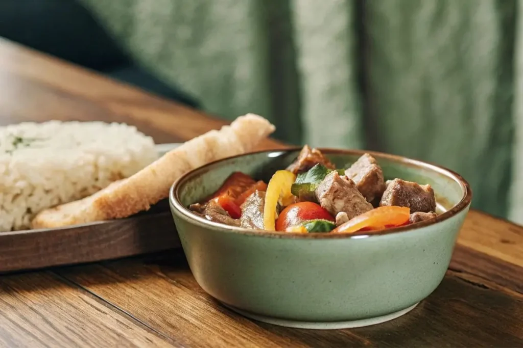 Un plat d'axoa de veau servi dans un bol en céramique rustique, avec des morceaux de veau tendres, des légumes colorés, et une touche de piment d'Espelette, accompagné de riz chaud.