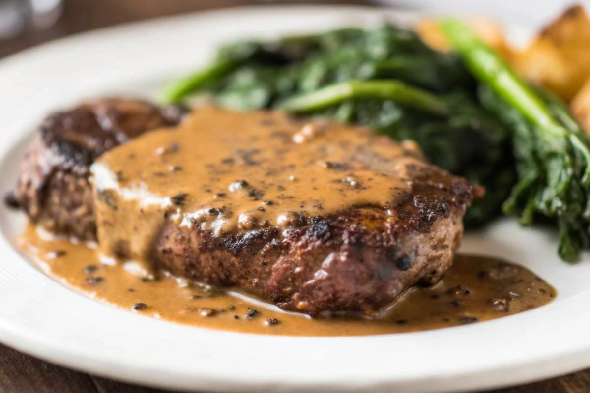 Un bol de sauce au poivre vert crémeuse, garnie de grains de poivre, accompagné d'une pièce de viande et de légumes grillés sur une table élégante.