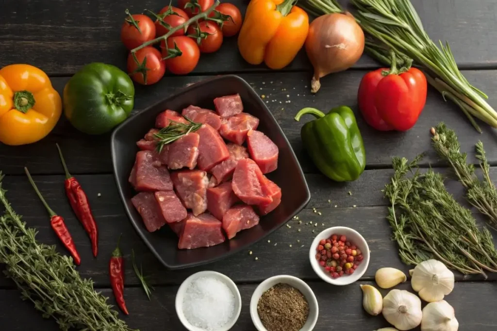 Les ingrédients organisés pour l'axoa de veau sur une table en bois rustique : veau, poivrons, tomates, ail, oignons et piment d'Espelette, prêts à être cuisinés.