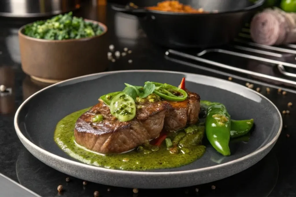 Onglet de veau poêlé nappé d'une sauce au poivre vert crémeuse, servi avec des légumes grillés sur un fond élégant. Un plat délicieux et raffiné.