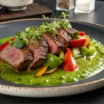 Onglet de veau poêlé nappé d'une sauce au poivre vert crémeuse, servi avec des légumes grillés sur un fond élégant. Un plat délicieux et raffiné.