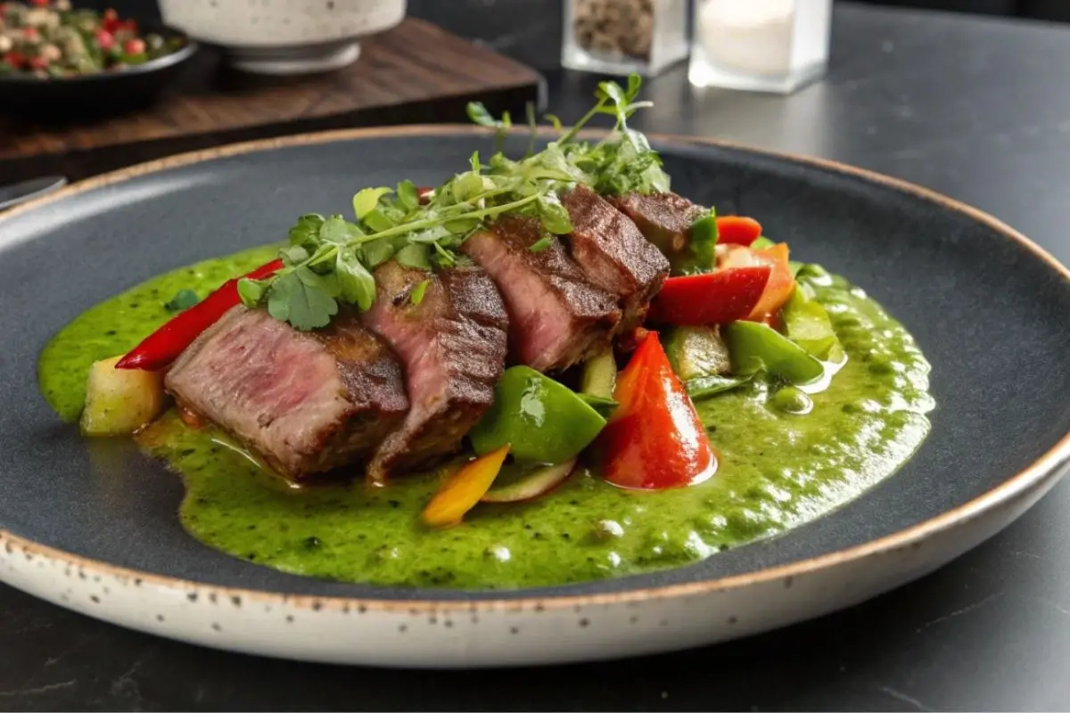 Onglet de veau poêlé nappé d'une sauce au poivre vert crémeuse, servi avec des légumes grillés sur un fond élégant. Un plat délicieux et raffiné.