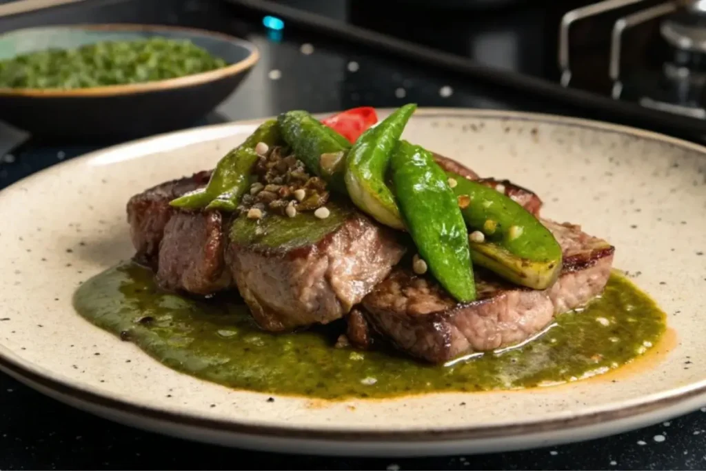 Onglet de veau poêlé nappé d'une sauce au poivre vert crémeuse, servi avec des légumes grillés sur un fond élégant. Un plat délicieux et raffiné.