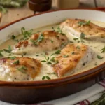 Poulet à la crème façon grand-mère servi dans un plat rustique avec une sauce crémeuse et des herbes fraîches sur une table en bois.